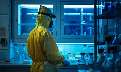In an underground laboratory, a secret chemist prepares drugs. He wears a mask and overalls and works with goggles and pesticides.
