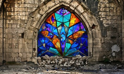 Geodesic stained glass window in blues, purples, greens and oranges of butterflies in the wall of a large ruined stone structure
