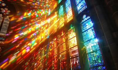 Colored rays falling through stained glass windows. Geodesic stained glass window in blues, purples, greens and oranges.