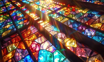 Colored rays falling through stained glass windows. Geodesic stained glass window in blues, purples, greens and oranges.