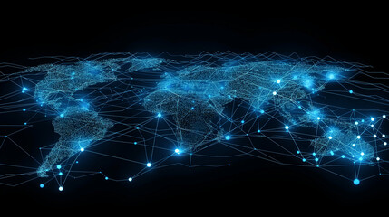 A world map made of glowing digital nodes, symbolizing global connectivity and data flow, with copy...