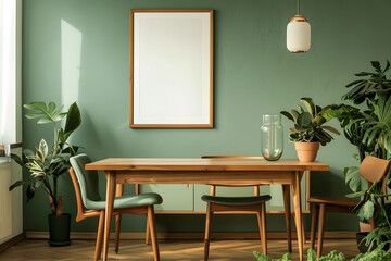 A minimalist midcentury modern dining room with sage green walls, featuring wood furniture, a sideboard, and a hanging pendant light. Stylish and cozy living space Scandinavian home interior design.