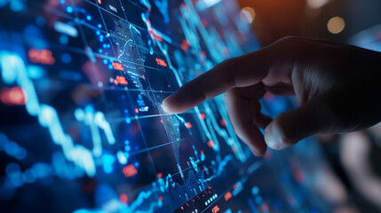 A transparent touchscreen interface being used by a businessperson to analyze global financial markets, with copy space