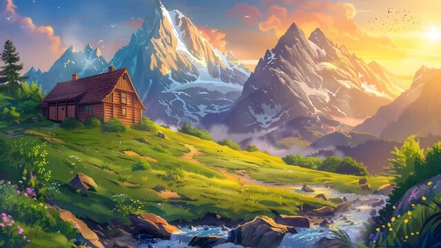 Rustic mountain cabin nestled in picturesque valley against breathtaking backdrop. Seamless Looping 4k Video Animation