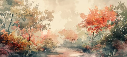 Japanese landscape in watercolor with a fairy garden, ink landscape painting created digitally