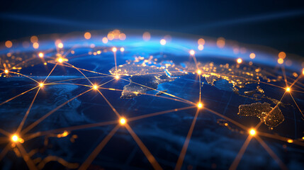 A glowing network connecting major cities around the world, symbolizing international business operations and logistics, with copy space
