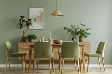 A minimalist midcentury modern dining room with sage green walls, featuring wood furniture, a sideboard, and a hanging pendant light. Stylish and cozy living space Scandinavian home interior design. - obrazy, fototapety, plakaty