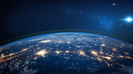 Satellite view of Earth at night highlighting global cities and internet connectivity through a network of lights, with copy space