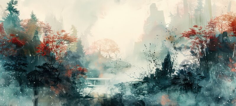 Japanese landscape in watercolor with a fairy garden, ink landscape painting created digitally