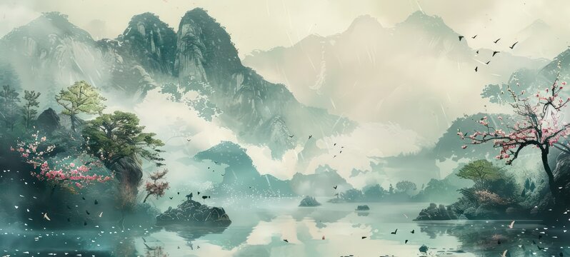 Naklejki Japanese landscape in watercolor with a fairy garden, ink landscape painting created digitally