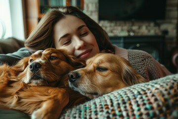 Girl hugging two dogs