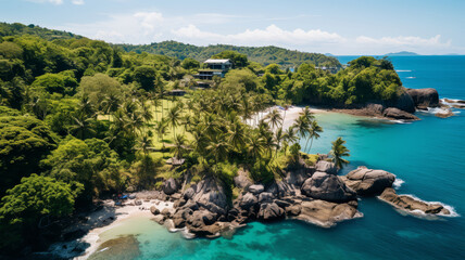 Aerial view of a paradise beach or coves where the waves of the sea break on the rocks. Top view of a tropical coast with vegetation, few buildings, turquoise blue water on sunny day. Summertime.