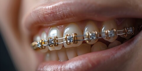 Close-Up of Braces: Displaying Dental Alignment Treatment. Concept Dental Braces, Close-Up Shots, Orthodontic Treatment, Teeth Alignment, Smile Transformation