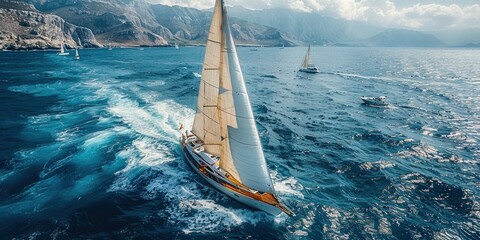 Yacht regatta with white sails on the open sea - obrazy, fototapety, plakaty