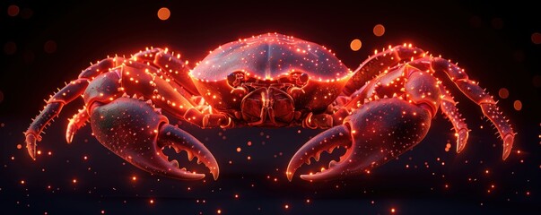 Detailed 3D Rendering of Glowing Red Crab on Black Background with Realistic Anatomy, Claws Raised - obrazy, fototapety, plakaty
