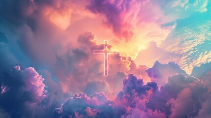 Jesus cross symbol on colorful clouds background - obrazy, fototapety, plakaty