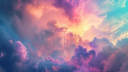 Foto op Canvas Jesus cross symbol on colorful clouds background © Ibad
