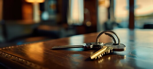 Key on the table in new apartment or hotel room