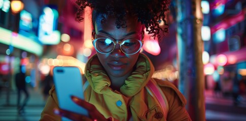 Obraz premium girl looking at smartphone evening illumination