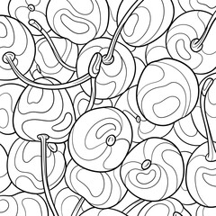Cherry berries coloring page. Fruits close up, top view. Cherries background, summer drawing. Fresh ripe sweet cherry fruits
