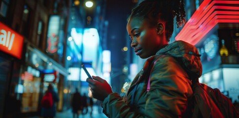 girl looking at smartphone evening illumination