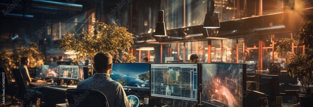 Poster man working at desk with two computer monitors generative ai