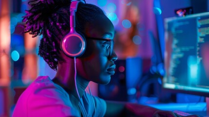 Girl in pink headphones listens to music