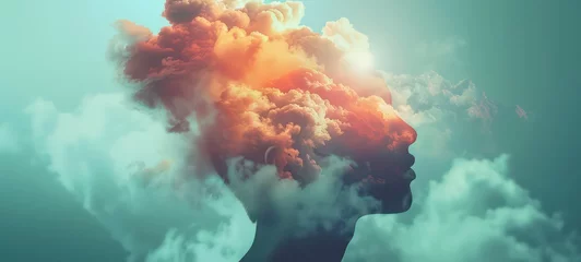 Foto op Plexiglas Mind Fog series. Mans head inside cloud. 3D rendering of human head morphed with fractal paint on the subject of inner world, dreams, emotions, creativity, imagination and human mind. © Ibad