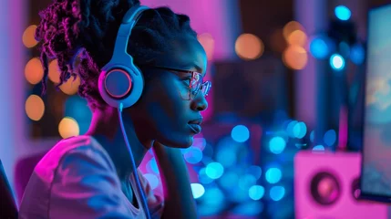 Photo sur Plexiglas Magasin de musique Girl in pink headphones listens to music