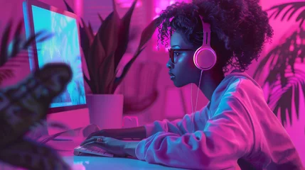 Keuken foto achterwand Muziekwinkel Girl in pink headphones listens to music