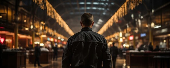 Fototapeta premium Black Jacketed Man Standing in Dimly Lit Room Generative AI