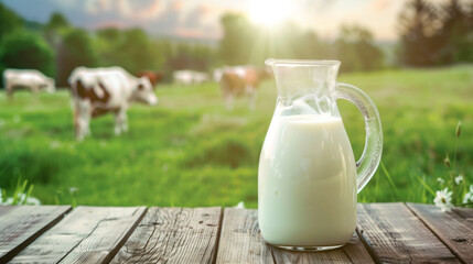 A glass milk jug on a wooden table on the background of an alpine meadow with grazing cows - obrazy, fototapety, plakaty