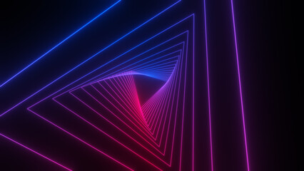 Travel through abstract neon tunnel. Glowing colorful background.