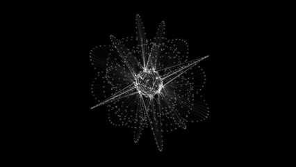 Flowing orbital polygonal sphere shape HUD, FUI element. Plexus style connecting lines and dots.