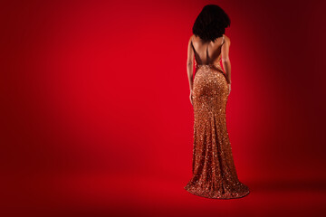 Photo of stunning fancy woman with bare back and slim sexy figure in sparkling dress on dark red color background