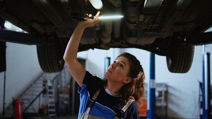 Licensed mechanic working on suspended car in garage, checking components during routine maintenance. Auto repair shop employee walking underneath vehicle, inspecting it using work light