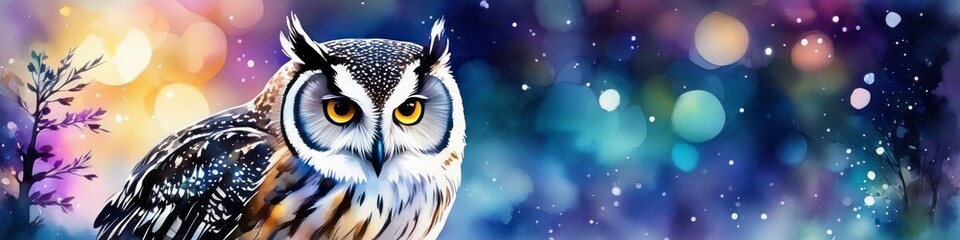 Abstract watercolor illustration of an owl sitting on a branch on a bright blurry bokeh background, space for text. 