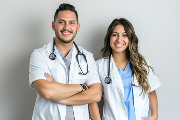 Portrait of two smiling doctors of a man and a woman on a white background