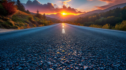 Road to the horizon. Concept of initial planning and problem solving or career path, business strategy, opportunity and change on sunset background. - obrazy, fototapety, plakaty