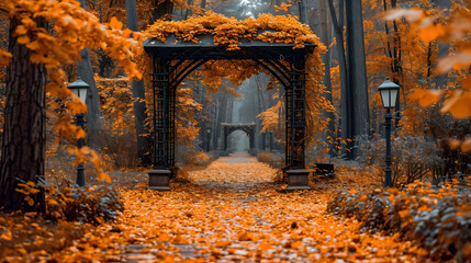 A tranquil Eastern European forest path in autumn lined with golden leaves and ancient trees. - obrazy, fototapety, plakaty