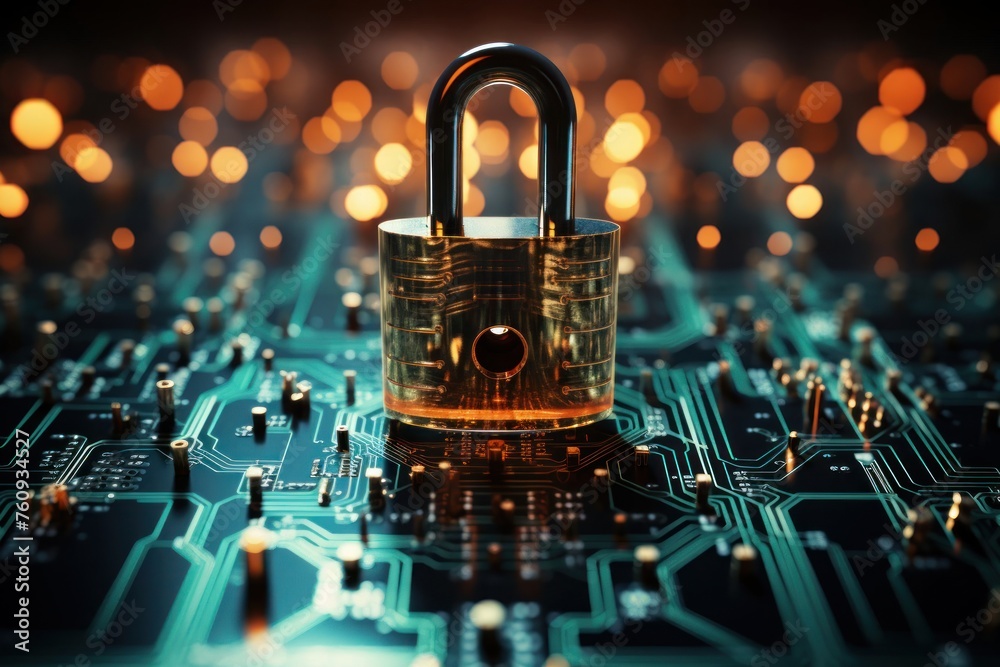 Poster secure padlock rests on circuit board generative ai