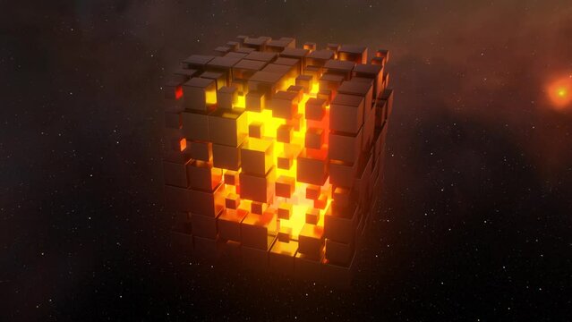 Abstract Data Cube Glowing Core 3D Block Outer Space Station Floating - 4K Seamless VJ Loop Motion Background Animation