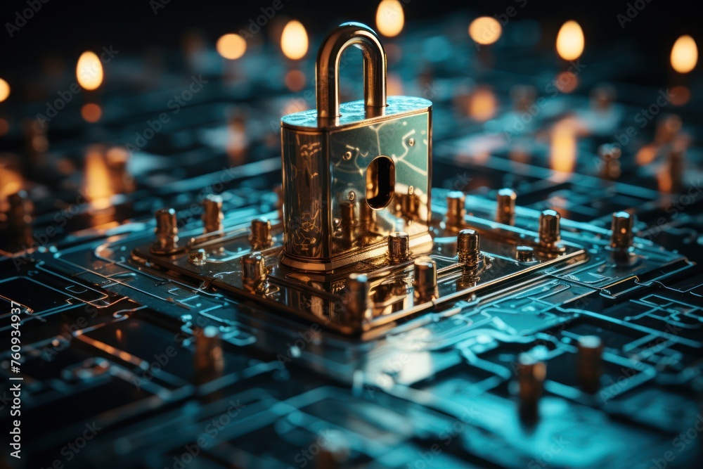 Poster online data protection padlock securing computer circuit generative ai