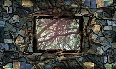 muted colored stained glass design, matching the image. It depicts a square frame made of roots, underneath a dark forest