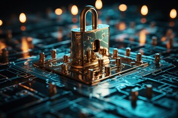 Online Data Protection Padlock Securing Computer Circuit Generative AI - obrazy, fototapety, plakaty