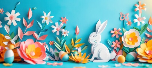 Obraz na płótnie Canvas paper art background for easter with egg and flower rabbit, copy space in the middle
