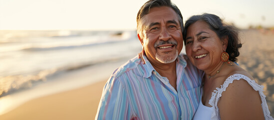 A happy elderly Hispanic couple enjoys a serene moment on the beach, smiling together with the vast ocean as their backdrop and ample copy space