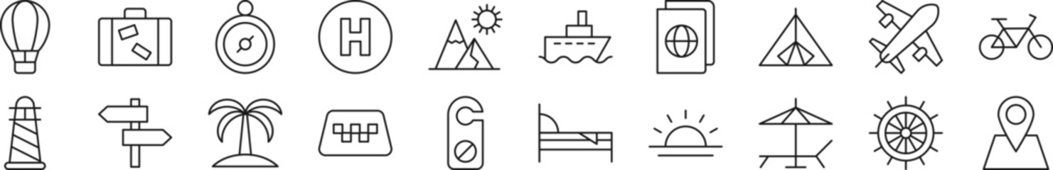 Collection of outline symbol of travel. Editable stroke. Simple linear illustration for stores, shops, banners, design