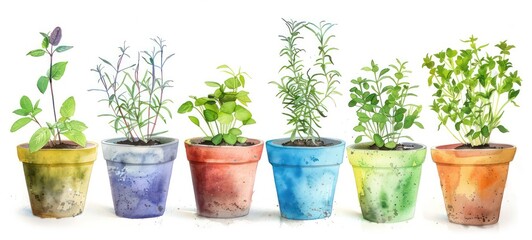 Plants planted in watercolor pots on white background
