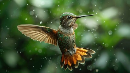 Fototapeta premium Flying hummingbird with green forest in background. Small colorful bird in flight. Digital art